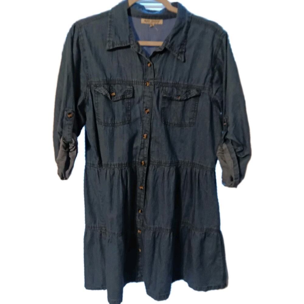 Speed Control NY Denim Tunic Dress Roll Tab 3/4 Sleeves Full Button Sz.XL